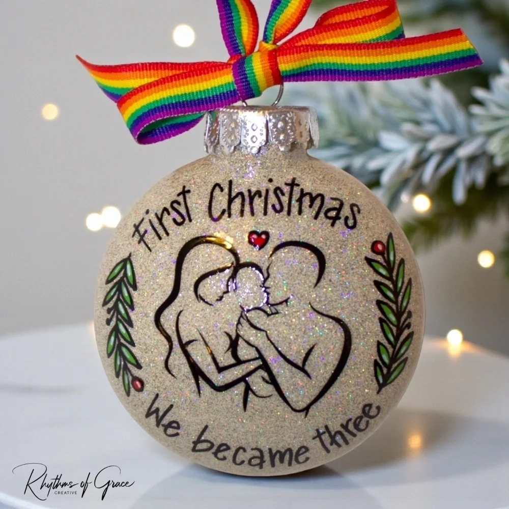 “Our First Christmas as a Family of Three” Personalized Ornament | Hand-Painted